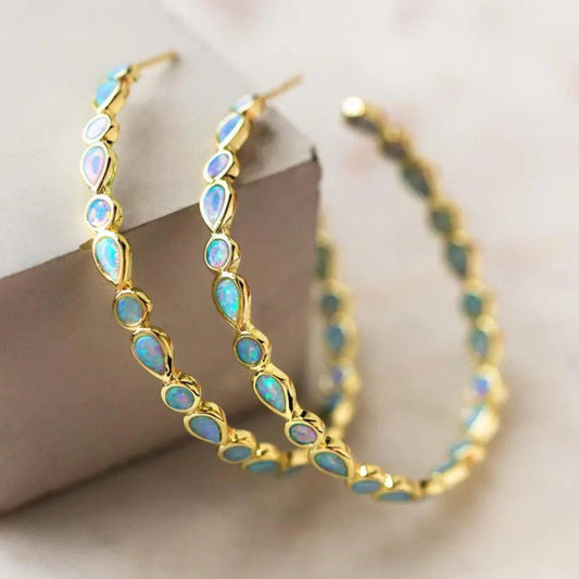 Retro Blue Opal Gold Earrings