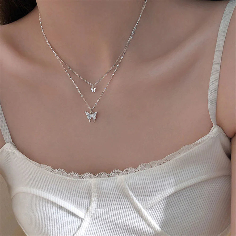 Elegant Silver Necklace Set Featuring a Dazzling Butterfly Design