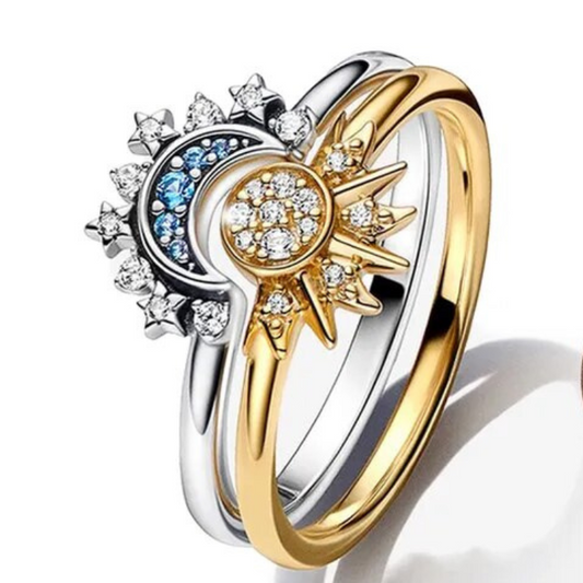 Celestial Crystal Ring Duo: Sun & Moon Design