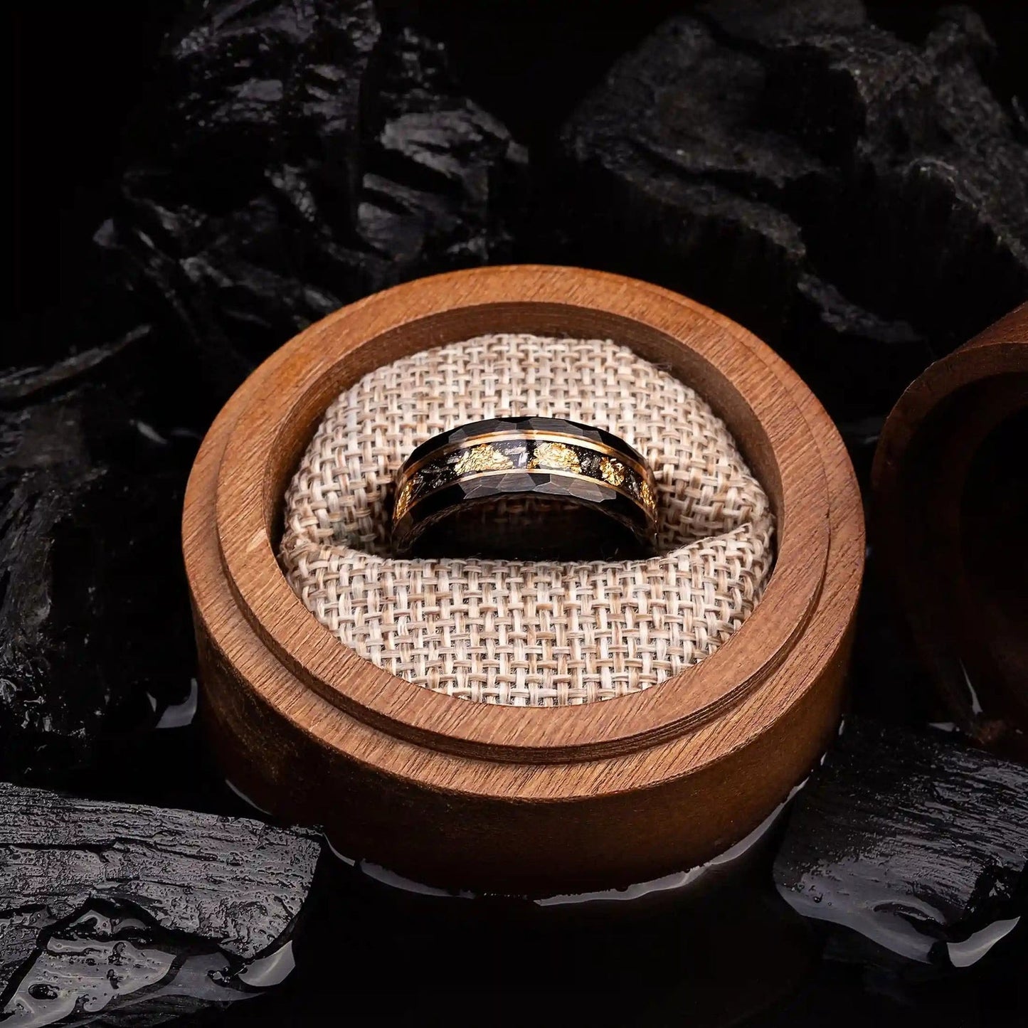 Orion Tungsten Ring with Gold Leaf and Black Meteorite Inlay