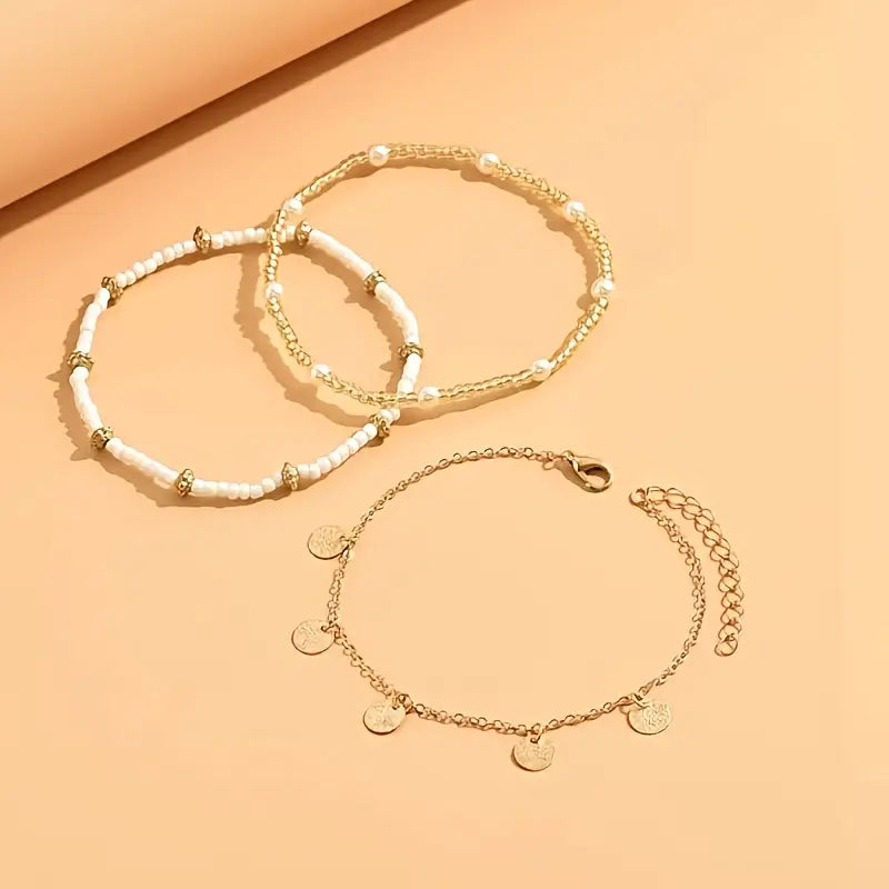 Coastal Charm Gold Layered Anklet Trio - Set of 3