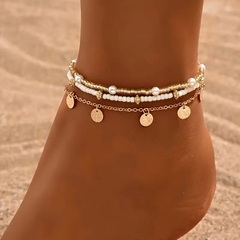 Coastal Charm Gold Layered Anklet Trio - Set of 3