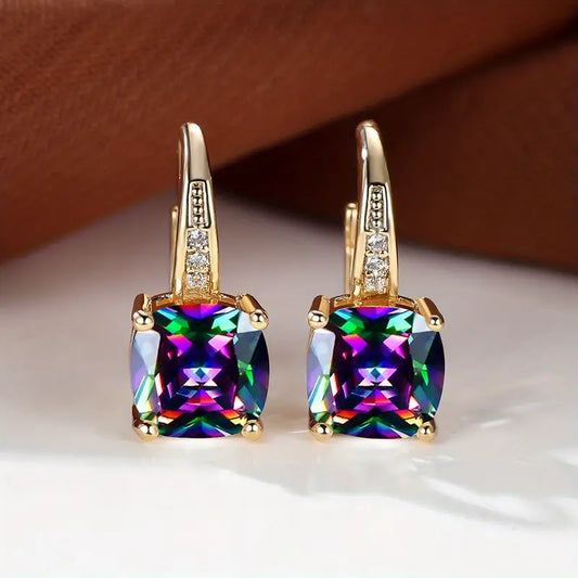 Gold Mystic Stone Hoop Earrings