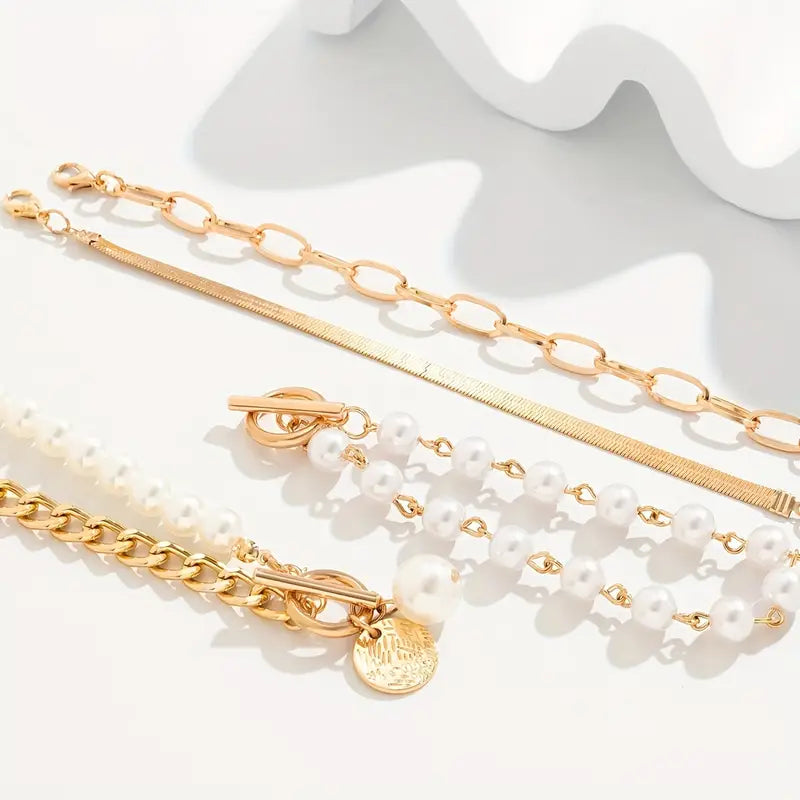 Chic Gold Bracelet Set of 4 – Featuring Snake, Beads, and Link Designs