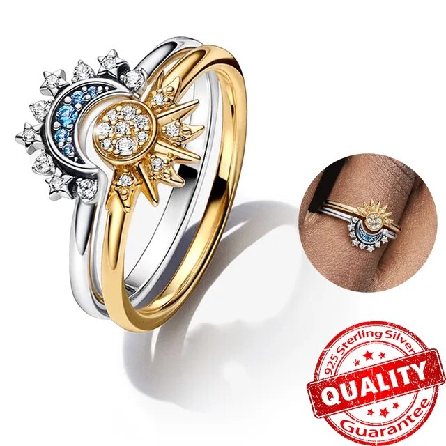 Celestial Crystal Ring Duo: Sun & Moon Design