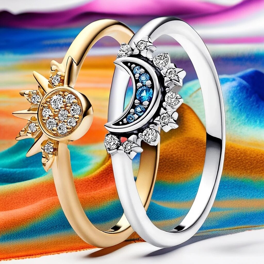 Celestial Crystal Ring Duo: Sun & Moon Design