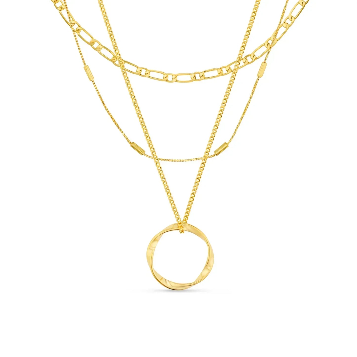 Gold Three-Strand Necklace with Open Circle Design