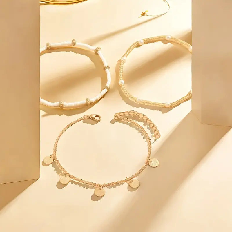 Coastal Charm Gold Layered Anklet Trio - Set of 3