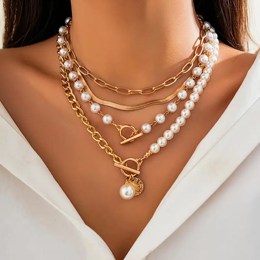 Gold Vintage Necklace with Pearl and Snake Chain