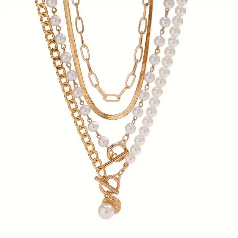 Gold Vintage Necklace with Pearl and Snake Chain