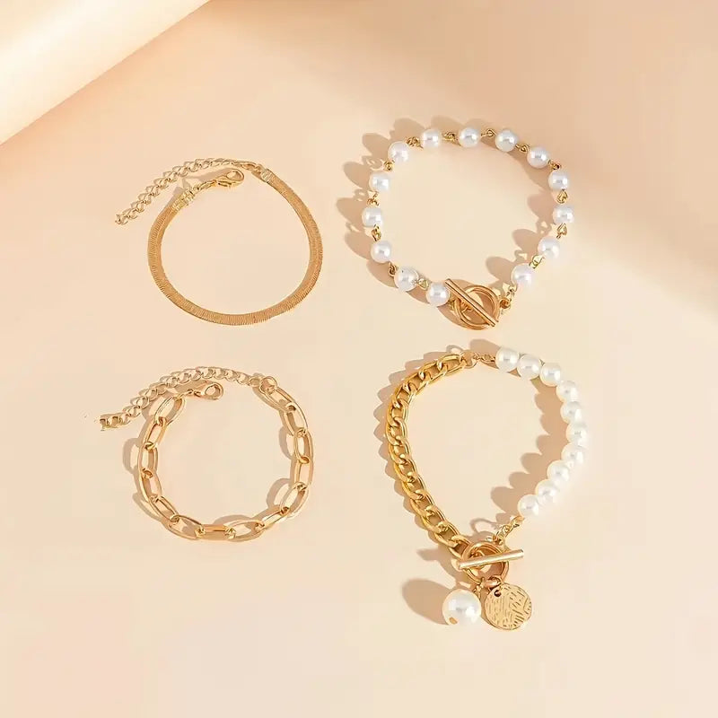 Chic Gold Bracelet Set of 4 – Featuring Snake, Beads, and Link Designs
