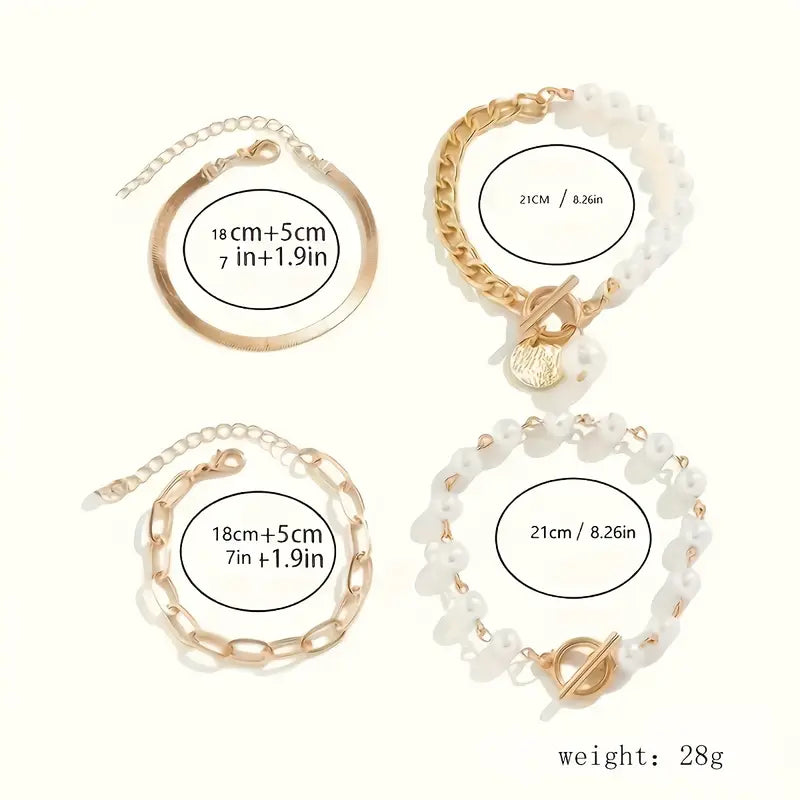Chic Gold Bracelet Set of 4 – Featuring Snake, Beads, and Link Designs