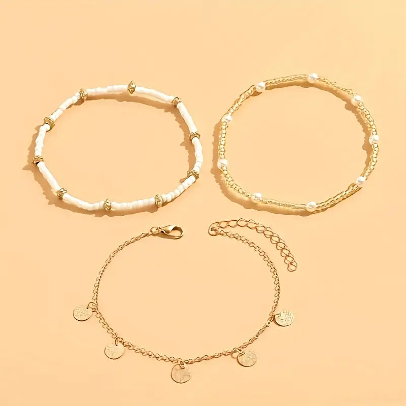 Coastal Charm Gold Layered Anklet Trio - Set of 3