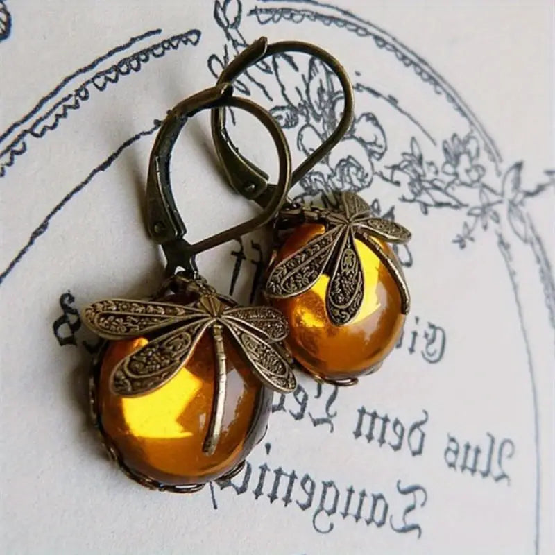 Vintage Drop-Shaped Moonstone Earrings with Dragonfly Design