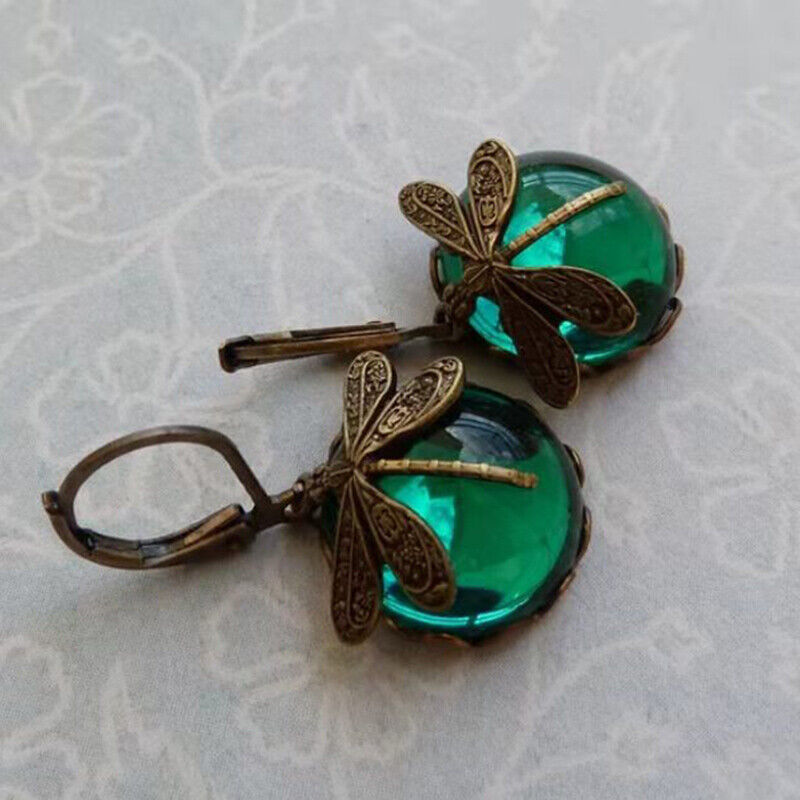 Vintage Drop-Shaped Moonstone Earrings with Dragonfly Design