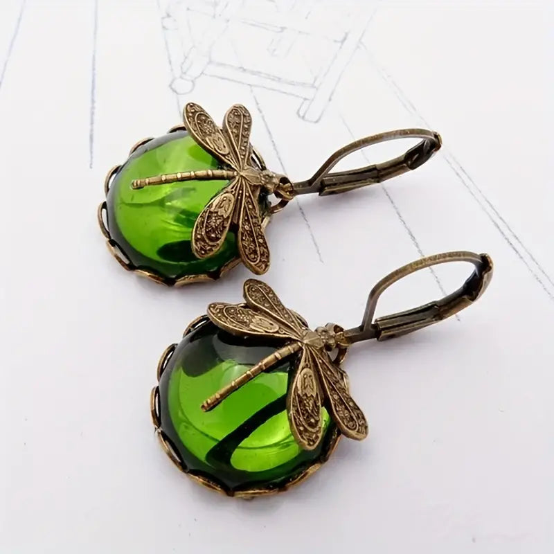 Vintage Drop-Shaped Moonstone Earrings with Dragonfly Design