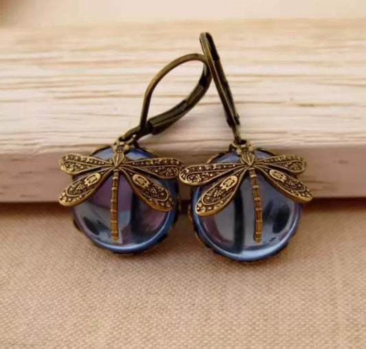 Vintage Drop-Shaped Moonstone Earrings with Dragonfly Design