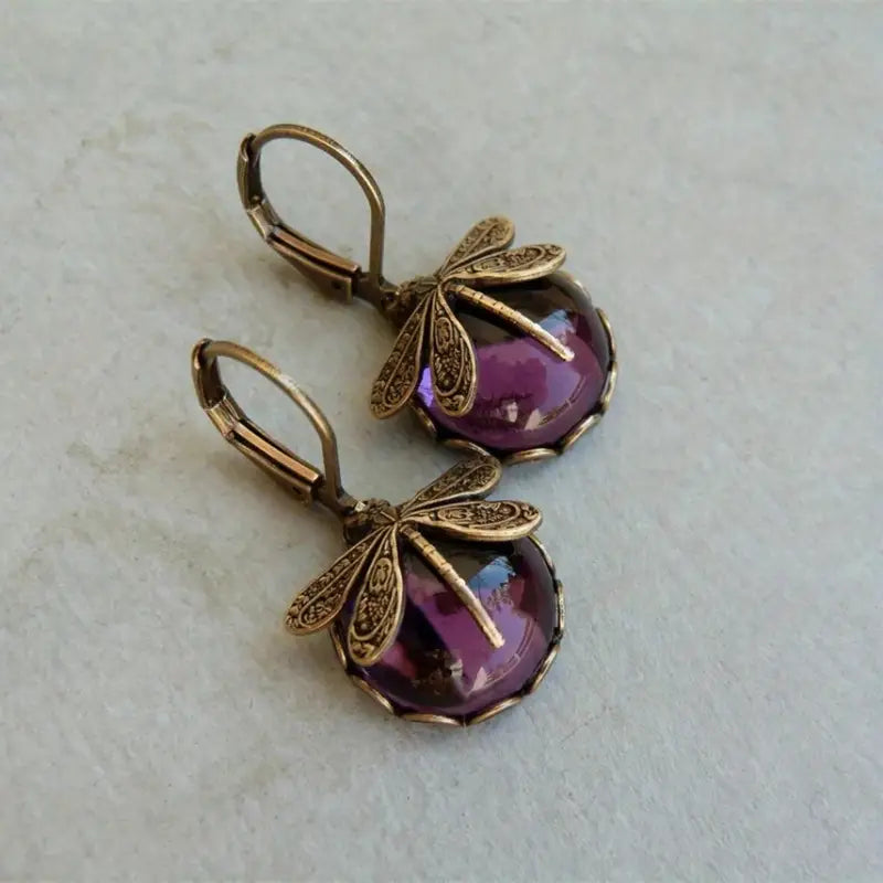 Vintage Drop-Shaped Moonstone Earrings with Dragonfly Design