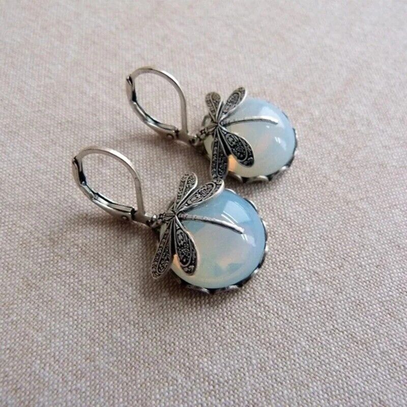 Vintage Drop-Shaped Moonstone Earrings with Dragonfly Design